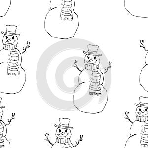 Cheerful snowman in hat and scarf seamless pattern, black and white cartoon drawing, vector monochrome background, coloring, sketc photo